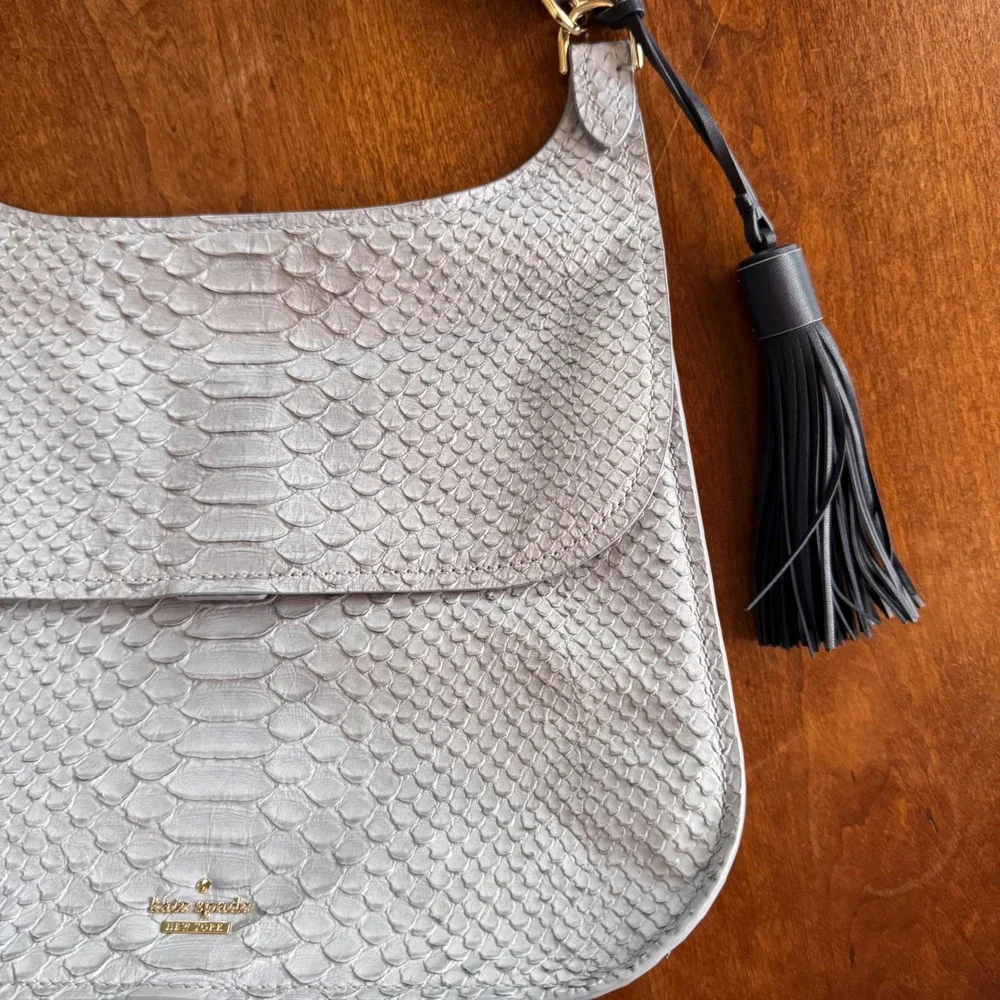 Kate Spade New York Gray Snakeskin Embossed Leather Flap‎ Hobo Shoulder Bag